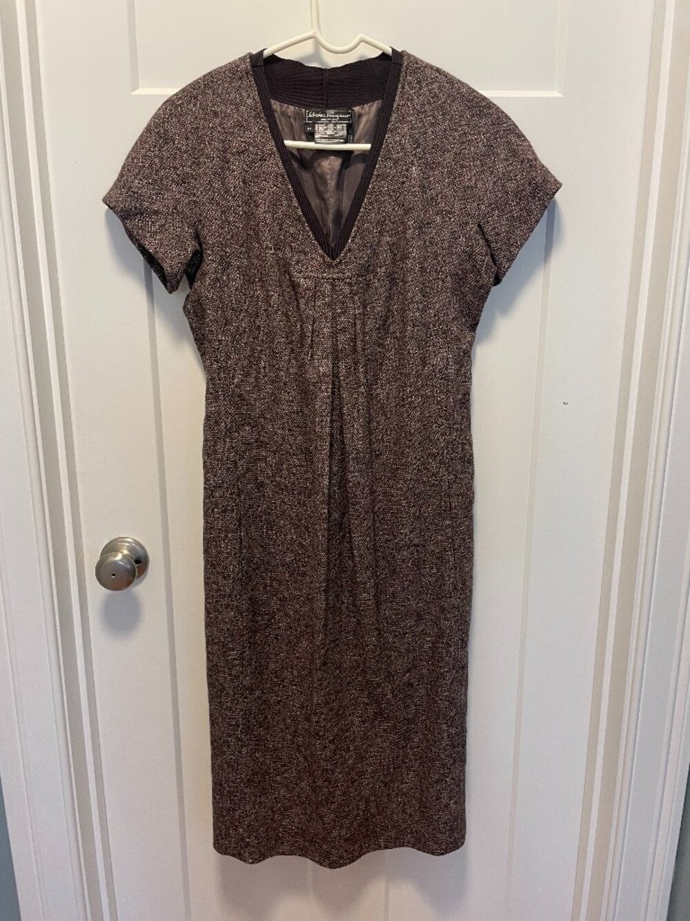 Salvatore Ferragamo Tweed V-Neck Midi Sheath Dress IT 44 US 8‎